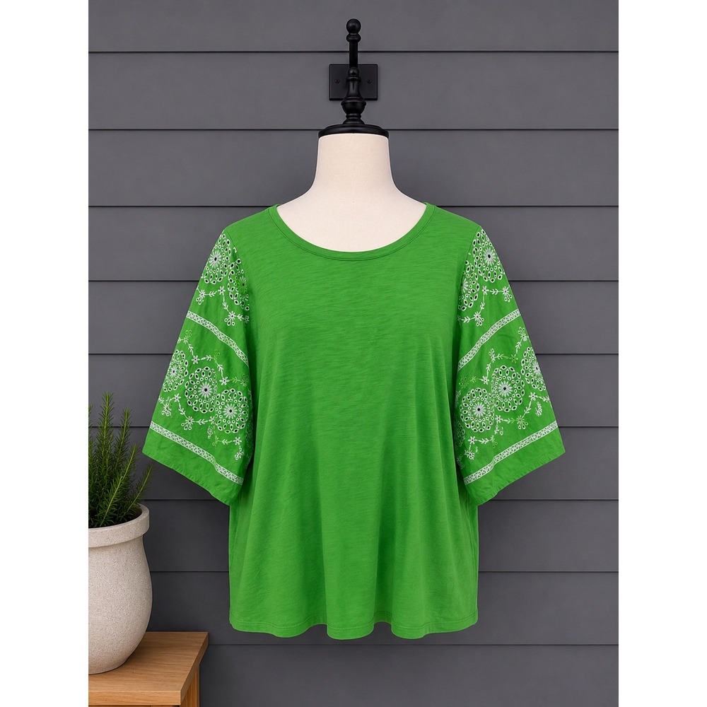 Belle by Kim Gravel Slub Knit Eyelet Sleeve Mixed Media Top Tee Boho Green L